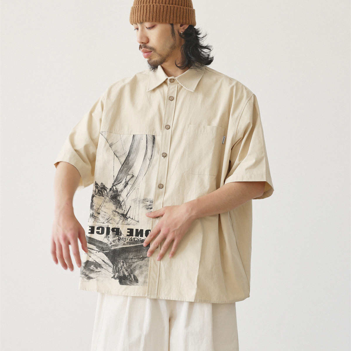 Japanese Brand Streetwear Vintage - Japanische Mode-Hemden für Herren Vintage-Print Lose